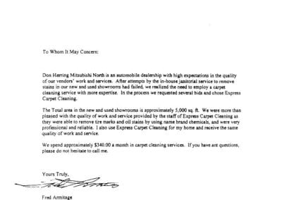 letter of recommendation from Fred Armitage at Don Herring Mitsubishi